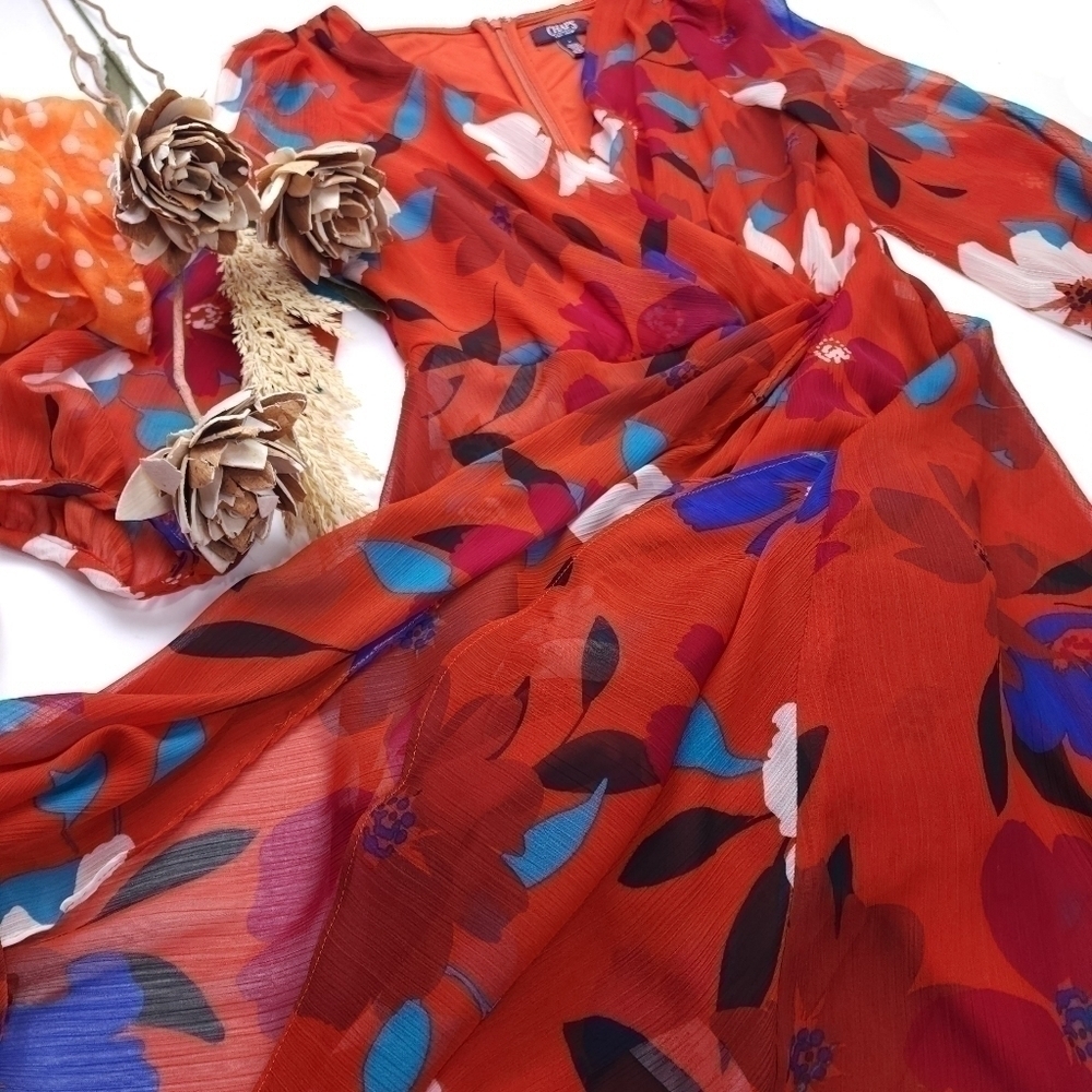 CHAPS Reddish Orange Blue Floral Dress Size 4 - Picture 4 of 15